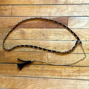 Black and gold tone chain fashion belt with black tassel 37”